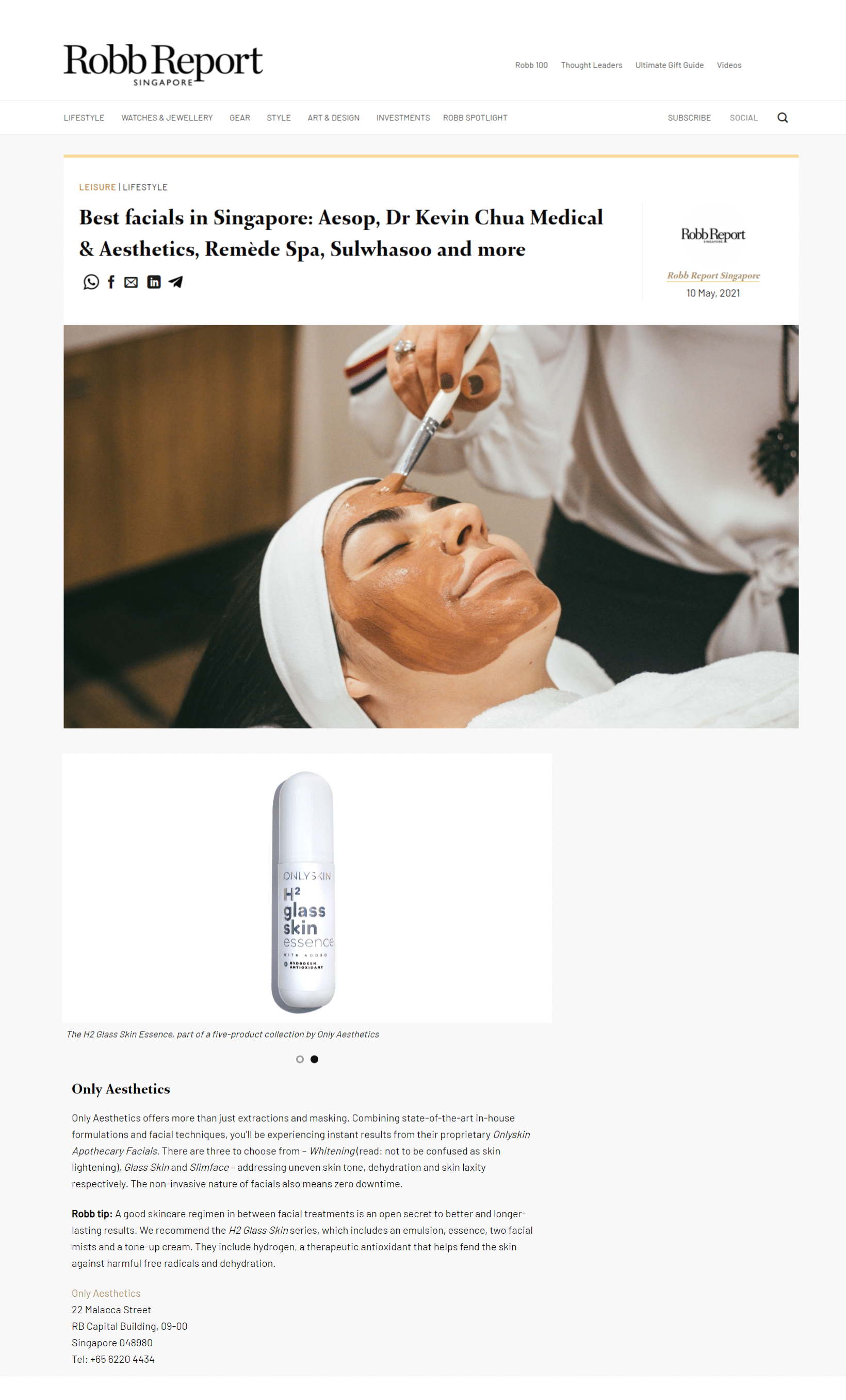 ONLY Aesthetics has one of the best facial treatments in town! Offering more than just extractions and masking, our ONLYSKIN Apothecary facials combine state-of-the-art in-house formulations and facial techniques to give you instant, desired results! Choose between ONLYSKIN Apothecary Whitening, ONLYSKIN Apothecary Glass Skin and ONLYSKIN A.I. Slim Face today! In addition, Robb Report recommends our ONLYSKIN Glass Skin Series skincare as a must have for good skin, so try this amazing skincare range for yourselves too! Visit @onlyskin.sg to learn more!
