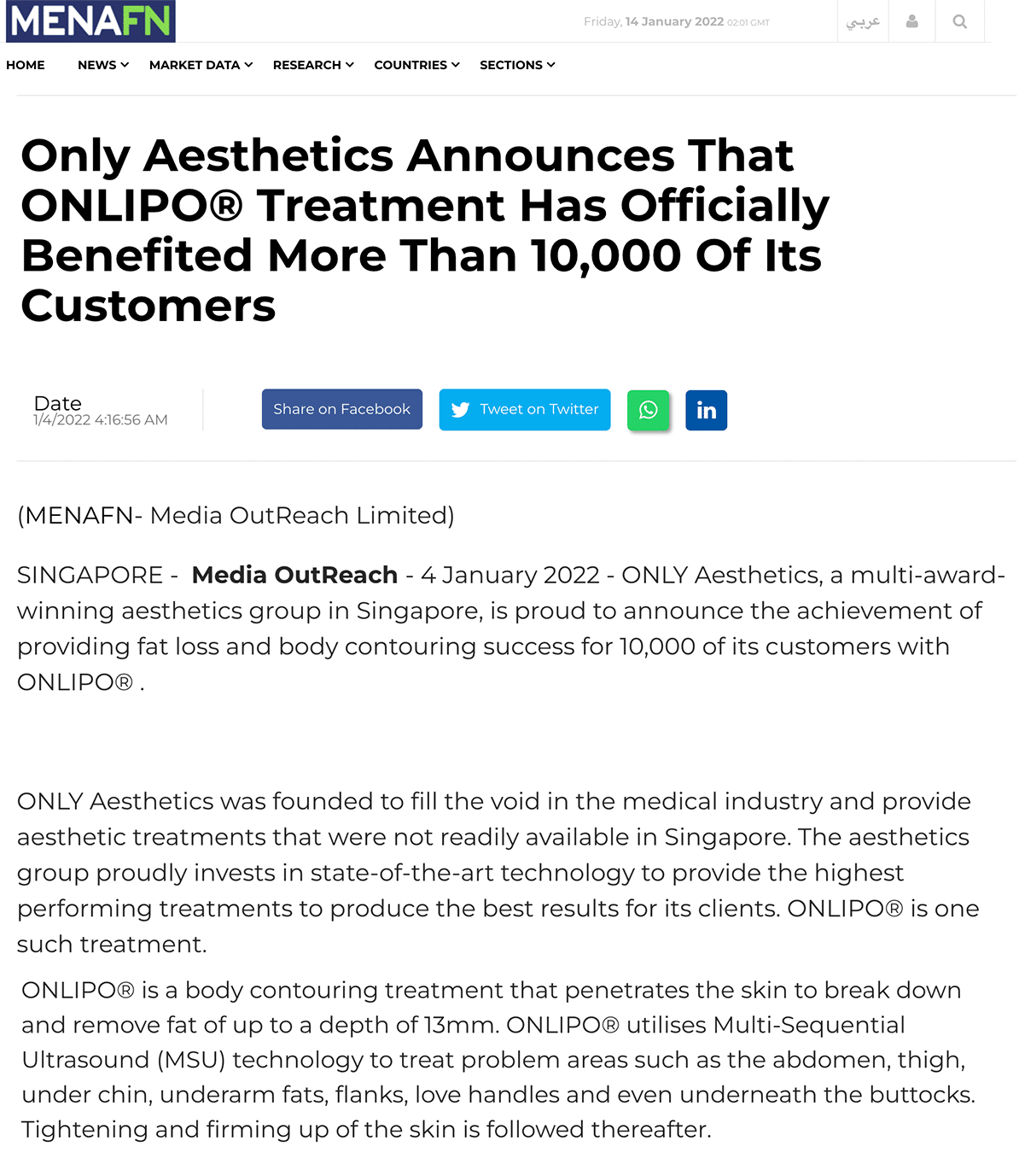 ONLIPO® is a body contouring treatment that penetrates the skin to break down and remove fat of up to a depth of 13mm. ONLIPO® utilises Multi-Sequential Ultrasound (MSU) technology to treat problem areas such as the abdomen, thigh, under chin, underarm fats, flanks, love handles and even underneath the buttocks. Tightening and firming up of the skin is followed thereafter.