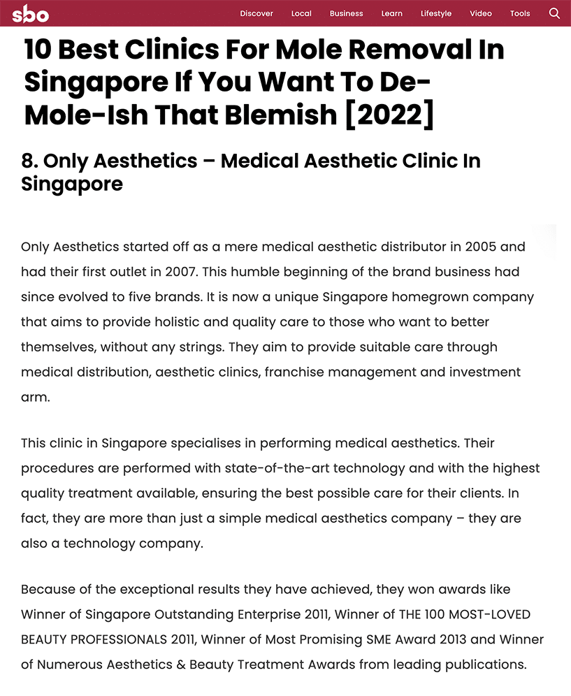 Even if you've undergone aesthetic treatments, your skin condition may revert to its prior state if you don't use the appropriate products. ONLY Aesthetics offers its own skincare items as a method to attempt and address this worry. It offers treatments to improve pigmentation. Aside from its unique goods and services, ONLY Aesthetics is proud of being a multi-awarded cosmetic clinic. Only ONLY Aesthetics promotes its distinctive ONLIPulse as a more effective treatment than non-laser treatments. This is because ONLIPulse lowers the chance of inflammatory hyperpigmentation. ONLY Aesthetics caters to many Singaporeans at once because it has six locations all over the island. Clients simply need to pick the nearest clinic since all of the ONLY's clinics provide excellent services.
