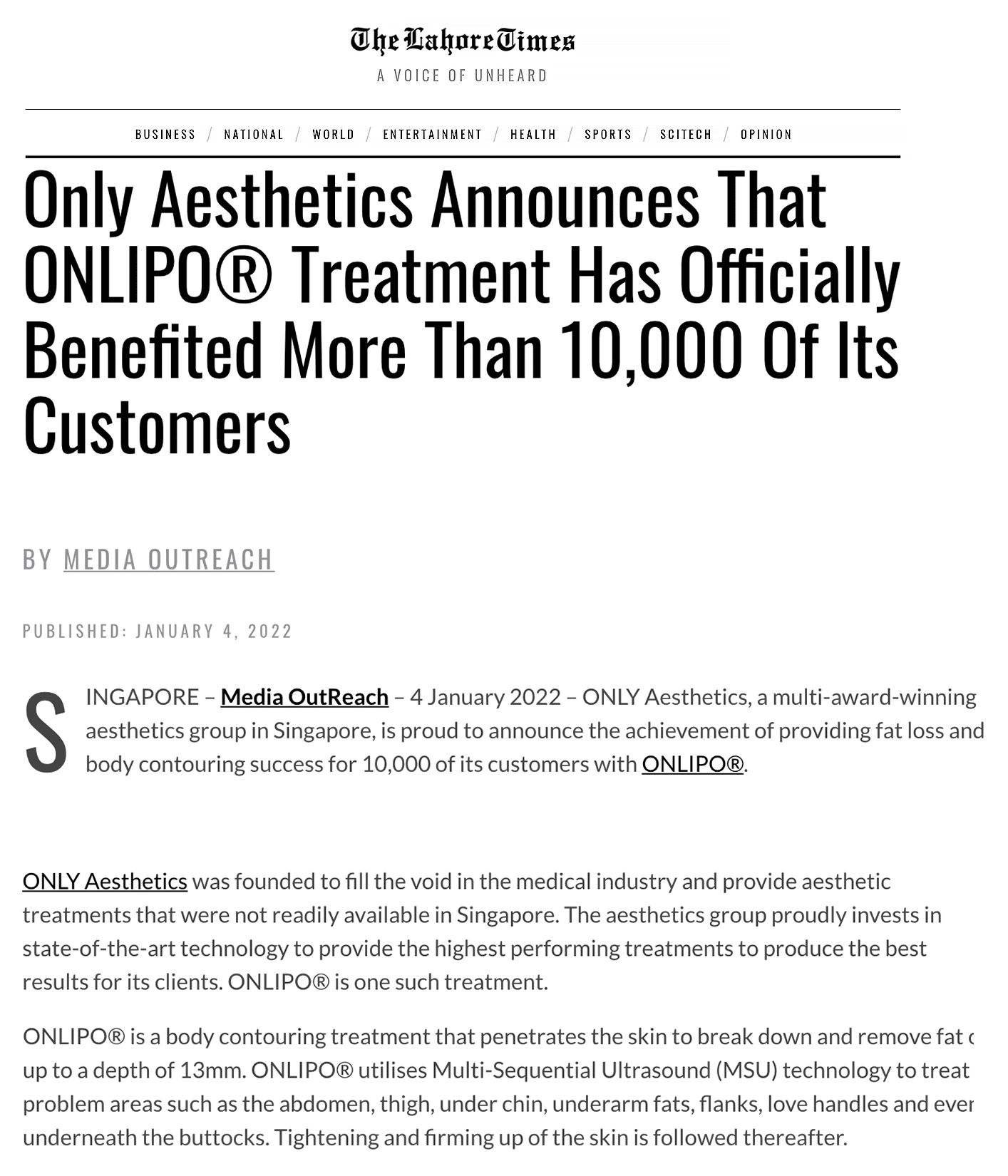 The Lahore Times feature on ONLIPO by ONLY Aesthetics